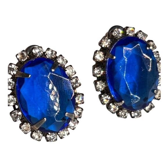 Vintage Cobalt Sapphire Blue Rhinestone Stud Earrings - Picture 1 of 8